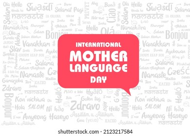 International mother language day, speech bubble, woman face with speech bubble, women icon with globe, Hello different country languages wishes vector illustration