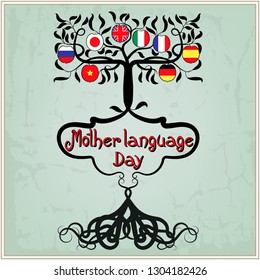 international mother language day, tree with apples and roots, diferent flags. February 21 Background - Vector