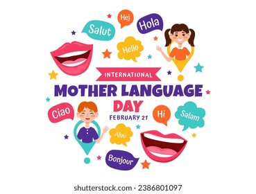 International Mother Language Day Vector Illustration on February 21 with Mom Says Hello in Several World Languages in Flat Kids Cartoon Background