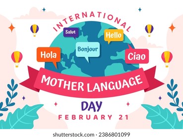 International Mother Language Day Vector Illustration on February 21 with Mom Says Hello in Several World Languages in Flat Kids Cartoon Background