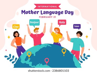 International Mother Language Day Vector Illustration on February 21 with Mom Says Hello in Several World Languages in Flat Kids Cartoon Background