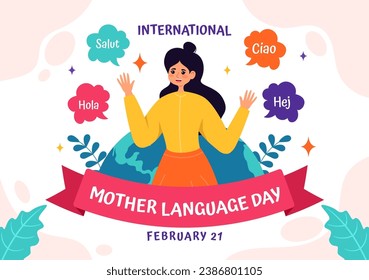 International Mother Language Day Vector Illustration on February 21 with Mom Says Hello in Several World Languages in Flat Kids Cartoon Background