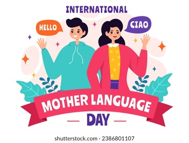 International Mother Language Day Vector Illustration on February 21 with Mom Says Hello in Several World Languages in Flat Kids Cartoon Background