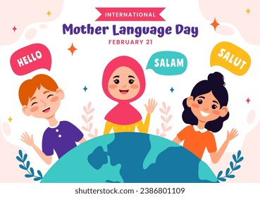 International Mother Language Day Vector Illustration on February 21 with Mom Says Hello in Several World Languages in Flat Kids Cartoon Background