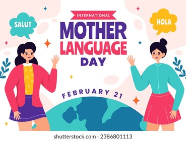 International Mother Language Day Vector Illustration on February 21 with Mom Says Hello in Several World Languages in Flat Kids Cartoon Background