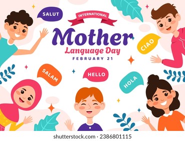 Ilustración vectorial del Día Internacional de la Lengua Materna el 21 de febrero con la madre dando la bienvenida en varios idiomas del mundo en dibujos animados planos de niños