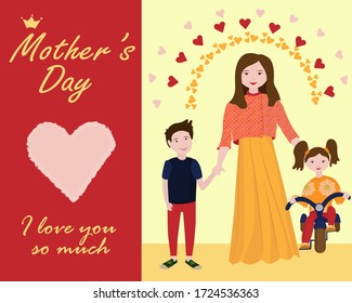 International Mother's Day, flat vector illustration, postcard with the image of a mother, children, son and daughter. Our mother is the best, we love her