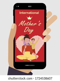 International Mother's Day, online congratulation, smartphone in hand, flat vector illustration, greeting card with the image of mother, children, son, daughter. Our mother is the best, we love her