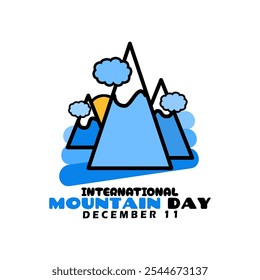 International Mountain Day to celebrate on December 11th. Illustration of mountains with clouds and sun on white background.