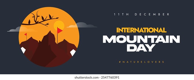 Anuncio internacional de la cubierta del día de la montaña, post. 11º Anuncio de cubierta de celebración del día de la montaña con vista a las altas montañas, bandera roja en la parte superior. El día destaca la importancia de las montañas sostenibles.