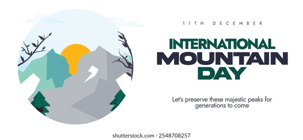 Anuncio de cobertura del Día Internacional de las Montañas, después de la Plantilla. 11 de diciembre Anuncio de cobertura de la celebración del día de la montaña, post con montañas. El día destaca la importancia del desarrollo sostenible de las montañas.