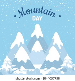 International Mountain Day. For greeting card, poster and banner. Winter background with falling snow, fir trees and snow-capped mountains. Vector Illustration. 