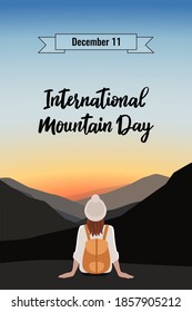 International Mountain Day Greeting card template, December 11. Girl in light clothes, wearing hat sits on rock in the mountains and looks at the sunrise in the sky. Vector stock flat illustration.