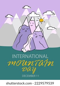 International mountain day greeting card vector illustration. Violet and gray mountains hug and smile. Sun and clouds. 11 December holiday concept. Flat cartoon style poster