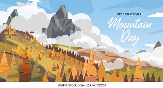 International Mountain Day Vector banner. Illustration for greeting card, poster and social media. December 11. Autumn landscape