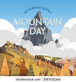 International Mountain Day Vector card. Illustration for greeting card, poster and social media. December 11. Autumn landscape