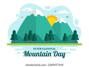 International Mountain Day Vector Illustration on December 11 with Mountains Panorama, Green Valley and Trees in Flat Cartoon Background Design