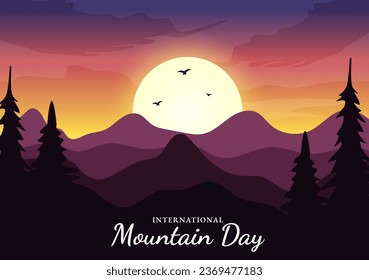 International Mountain Day Vector Illustration on December 11 with Mountains Panorama, Green Valley and Trees in Flat Cartoon Background Design