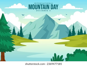 International Mountain Day Vector Illustration on December 11 with Mountains Panorama, Green Valley and Trees in Flat Cartoon Background Design