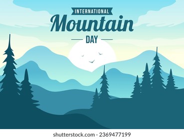 International Mountain Day Vector Illustration on December 11 with Mountains Panorama, Green Valley and Trees in Flat Cartoon Background Design