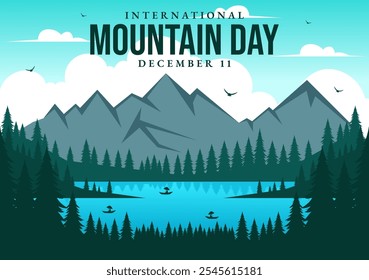 International Mountain Day Vector Illustration Celebrated on December 11, Featuring a Mountain Panorama, Green Valleys, and Trees in a Flat Background