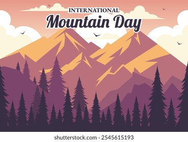 Ilustração Vetorial do Dia Internacional das Montanhas Celebrada em 11 de dezembro, Apresentando um Panorama de Montanha, Vales Verdes e Árvores em um Plano de Fundo Plano