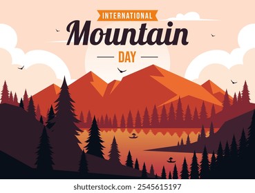 International Mountain Day Vector Illustration Celebrated on December 11, Featuring a Mountain Panorama, Green Valleys, and Trees in a Flat Background