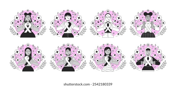 International movement of pink ribbon black and white 2D concepts set. Breast cancer solidarity. Diverse women floral outline illustration characters isolated. Metaphors monochrome vector collection