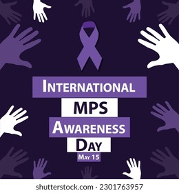International MPS Awareness Day vector banner design with purple solid square background, hand icon pattern,  purple ribbon and typography. International MPS Awareness Day modern simple poster.