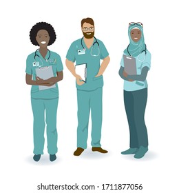 International multi ethnic team of male, female doctors or nurses standing in uniform, with stethoscope, clipboard, badge. Young african american and arabian women, bearded european man. Flat vector.