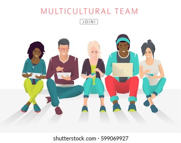 International multicultural team. Modern society concept of friendship. Diversity. Group of international students. Vector flat illustration.