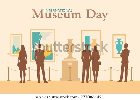 International Museum Day illustration featuring visitors observing artworks in a gallery. Flat design with silhouettes, framed paintings, and sculptures in a clean and modern museum interior scene.