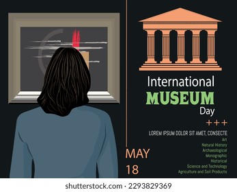 International Museum Day ,May 18.Woman with her back turned contemplating a modernist painting on a dark background .Museum icon with text and museum typefaces .Copyspace