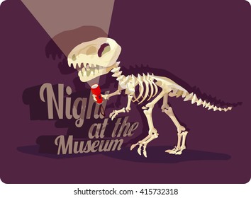 International Museum Day. Night at the Museum. Skeleton of a dinosaur with a flashlight.