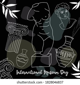 International Museum Day poster on black. Vector illustration in trend line art. Oneline style with geometric shape in dark colors.