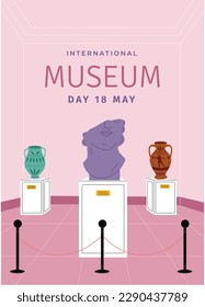 international museum day. Vector illustration design. 18 May. vector museum background. celebration. may 18. exhibits in museum. flat cartoon style. Historical museum concept. exhibition.