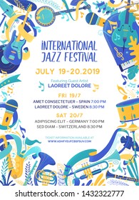 International music contest poster vector template. Jazz and blues festival promotional web banner with text space. Country, folk and rock concert brochure. Cultural event advertising flyer layout