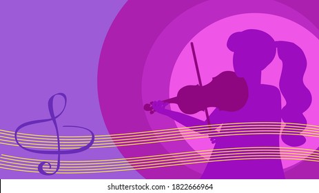 International music day. Background posters festival. Girl with a violin. World Music Day. Treble clef. Vector Illustration.