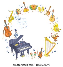 International Music Day. Cheerful musical instruments are arranged in a circle. In cartoon style. Isolated on white background. Place for your text. Vector illustration.