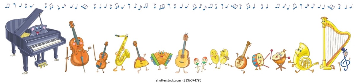 International Music Day. Funny musical instruments. Banner in cartoon style. Isolated on white background. Place for your text. Vector illustration.