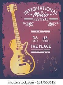 international music festival poster with electric guitar vector illustration design