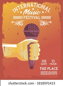 international music festival poster with hand lifting microphone in orange background vector illustration design