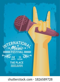 international music festival poster with hand lifting microphone and lettering vector illustration design