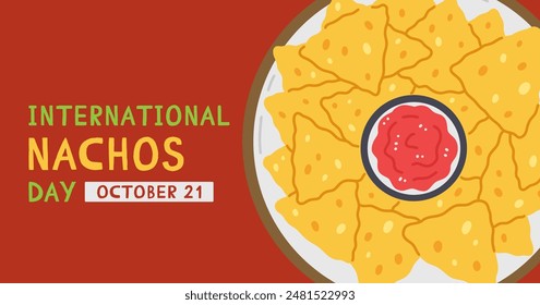 Internationales nachos Day Banner Design. Mexikanische Snack-Nachos im Cartoon-Flat-Stil auf rotem Hintergrund. Vektorillustration der mexikanischen Küche