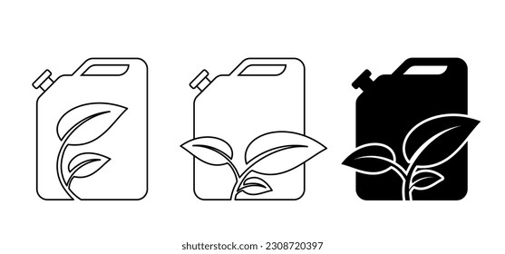 Gasolina de biocombustible verde caricatura, jerrycan con asa. Bio jerry lata, recycl. Símbolo de bote. Depósito de combustible para transportar y almacenar gasolina. Can jerrycan, reciclaje de botas.