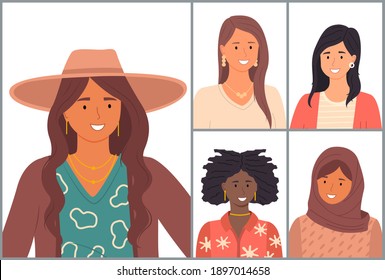 International nationality women avatars. Young girls difference culture. Diverse nations, ethnicity. Latin, hispanic, african, arabic, caucasian. Portraits of pretty girls from different countries