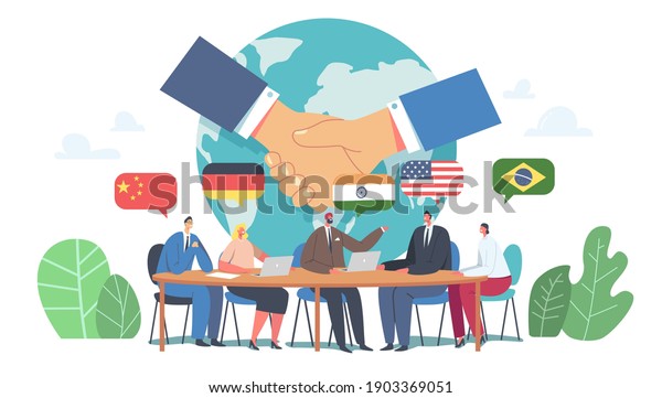 International Negotiations, Diplomacy,\
Political Meeting at Round Table Concept. Delegates Solving World\
Issues, Spokesmen Discussing, Shake Hands on Press Conference.\
Cartoon Flat Vector\
Illustration