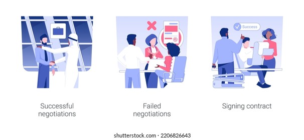 International negotiations isolated concept vector illustration set. Successful negotiations, not reaching agreement, failed deal, signing contract, business trip, partnership vector cartoon.