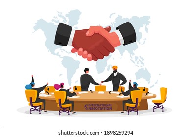 International Negotiations, Political Meeting at Round Table Concept. Delegates Solving World Issues, Caucasian and Indian Spokesmen Shaking Hands. Press Conference. Cartoon Flat Vector Illustration