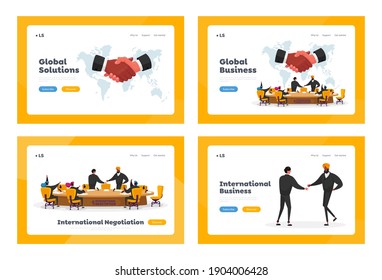 International Negotiations, Political Meeting at Round Table Landing Page Template Set. Delegates Solving World Issues, Spokesmen Shaking Hands. Press Conference. Cartoon People Vector Illustration